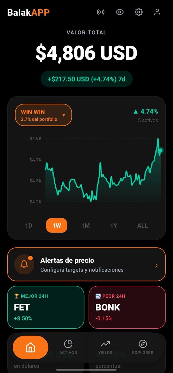 Pantalla principal de BalakApp mostrando el portfolio total